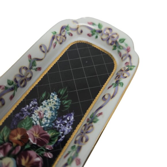 Neiman Marcus Porcelain Letter Opener Tray, Black with Flowers, Gold Trim - Picture 6 of 9